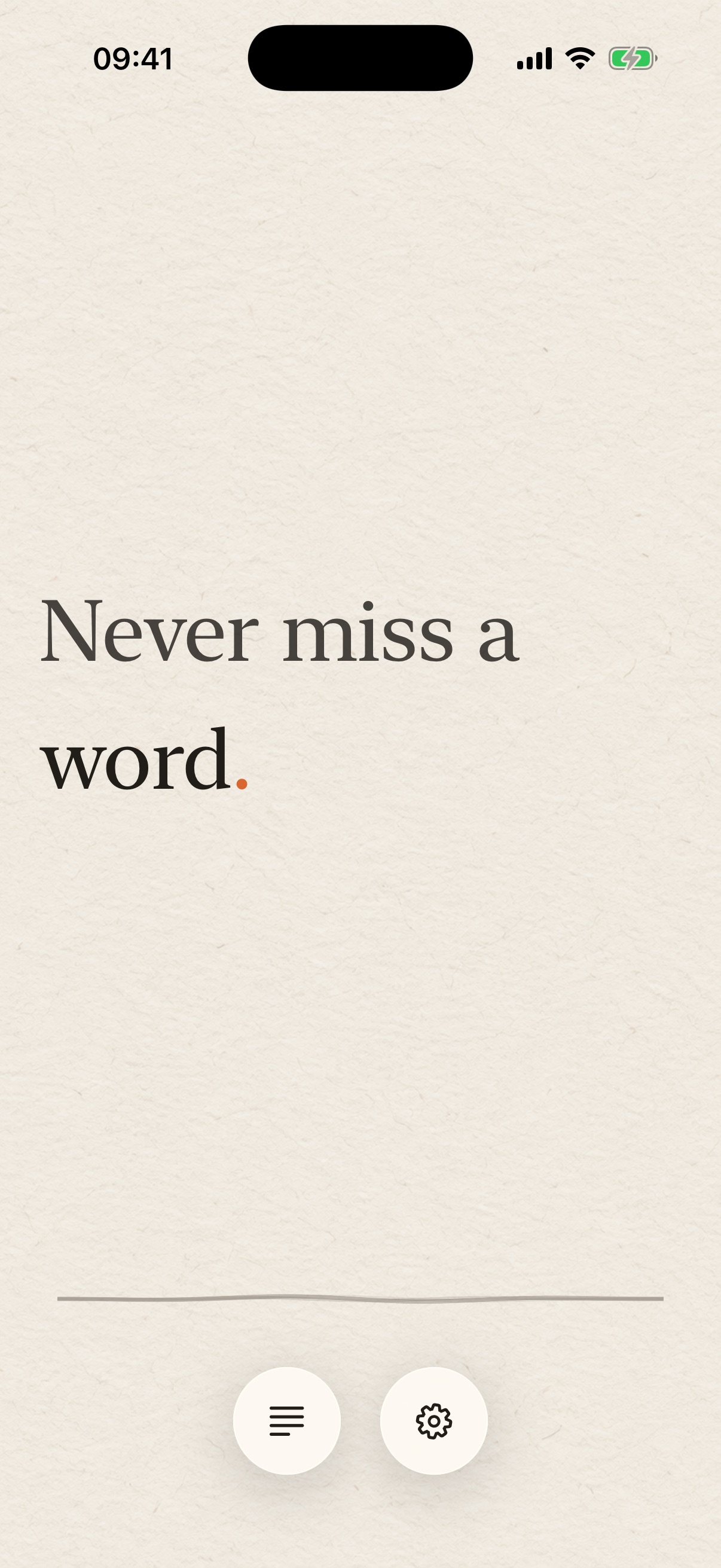 Real Subtitle Everything app screen in the paper theme showing Never miss a word